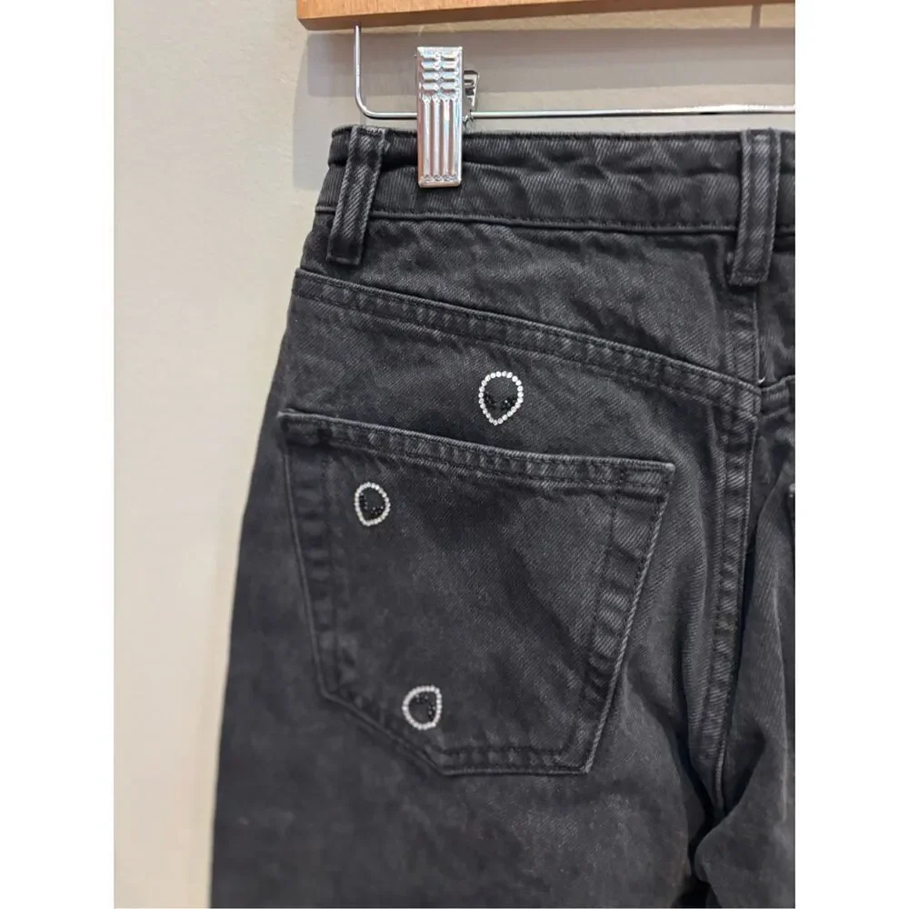 TopShop 26/30 Black alien sequined appliqué high rise cropped mom jeans